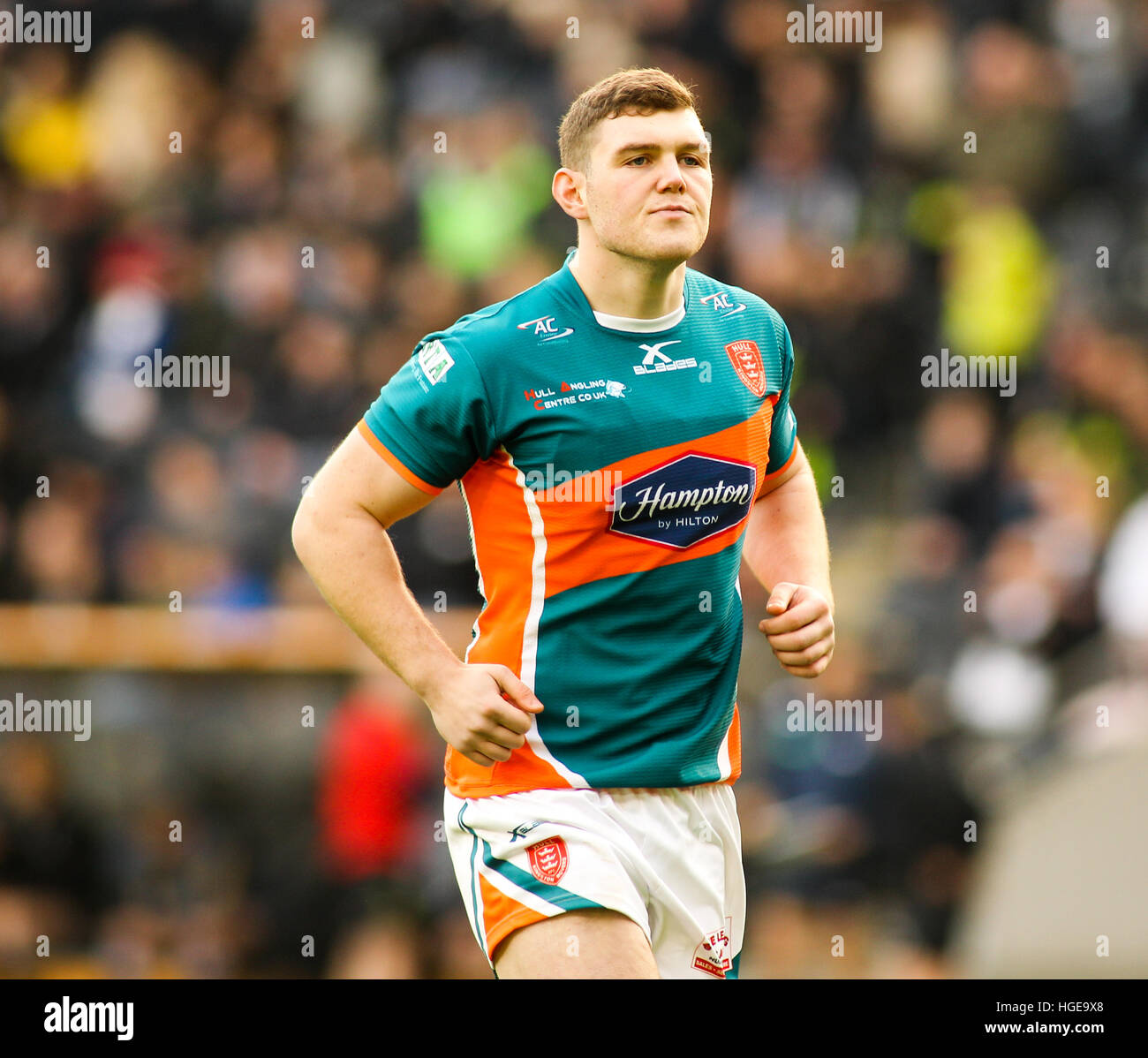 KCOM Stadium, Hull, Regno Unito. 8 Gen, 2017. Hull FC v della carena KR Clive Sullivan Trophy Pre- Stagione 2017 Friendly. Robbie Mulhern di Hull KR in azione vs Hull FC Picture by © Stephen Gaunt/Touchlinepics.com/Alamy Live News Foto Stock