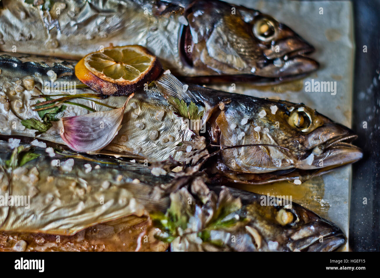 Eccellente fresca pesce blu per una dieta sana cucinata fresca con olio d'oliva, succo di limone e le erbe aromatiche Foto Stock