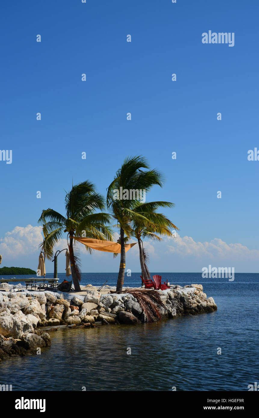 Un luogo tranquillo dove sedersi e godersi il mare in Florida keys. Due charis e un paio di palme completano la scena. Foto Stock