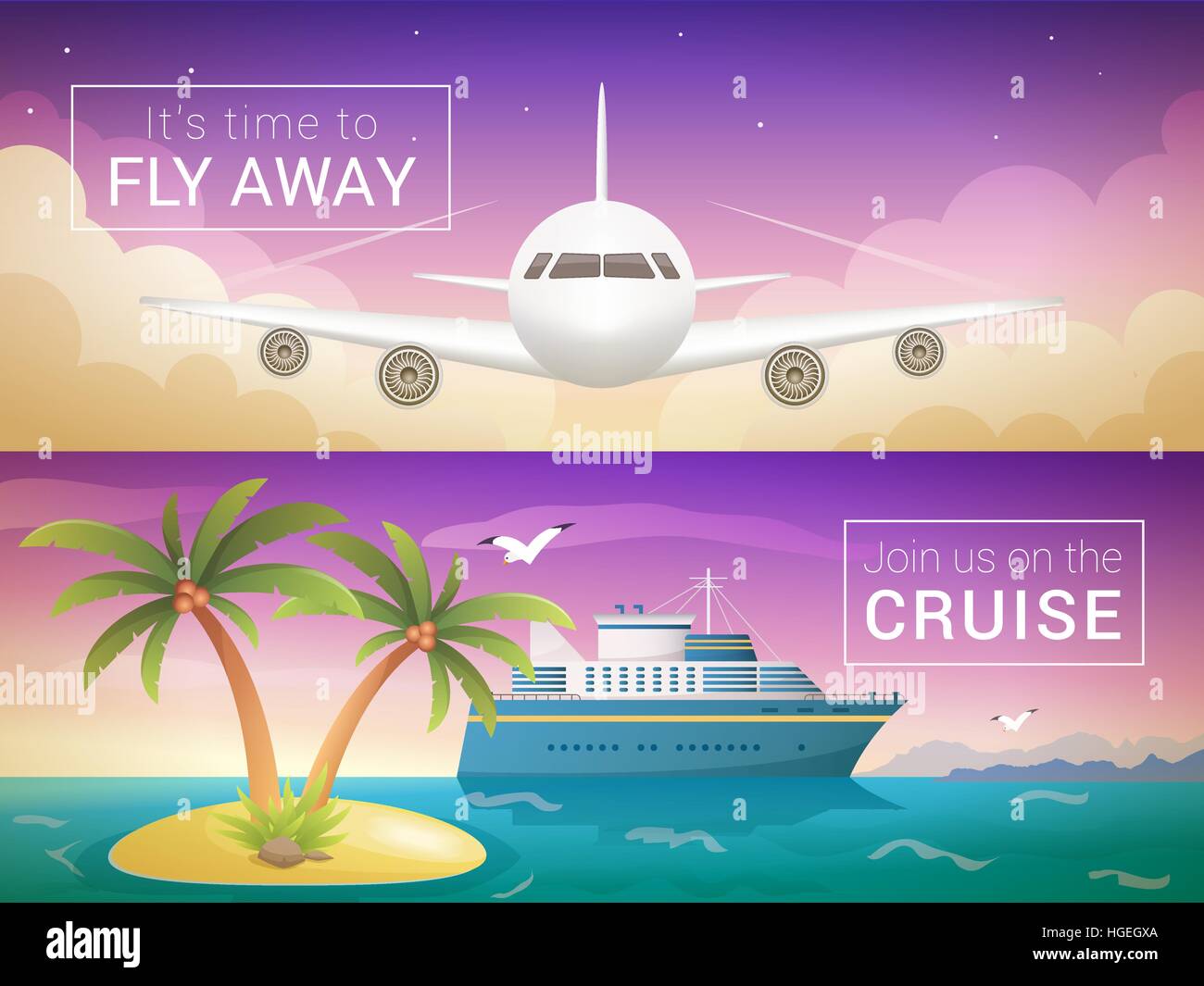 Vettore banner di viaggio set. Aereo Passeggeri in nubi., oceano mare crociera nelle isole Illustrazione Vettoriale