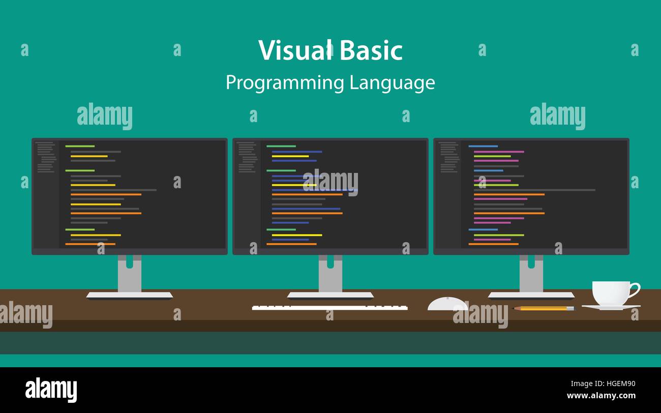 Illustrazione del linguaggio di programmazione Visual Basic codice visualizzato su tre monitor in una fila ad area di lavoro programmatore Illustrazione Vettoriale