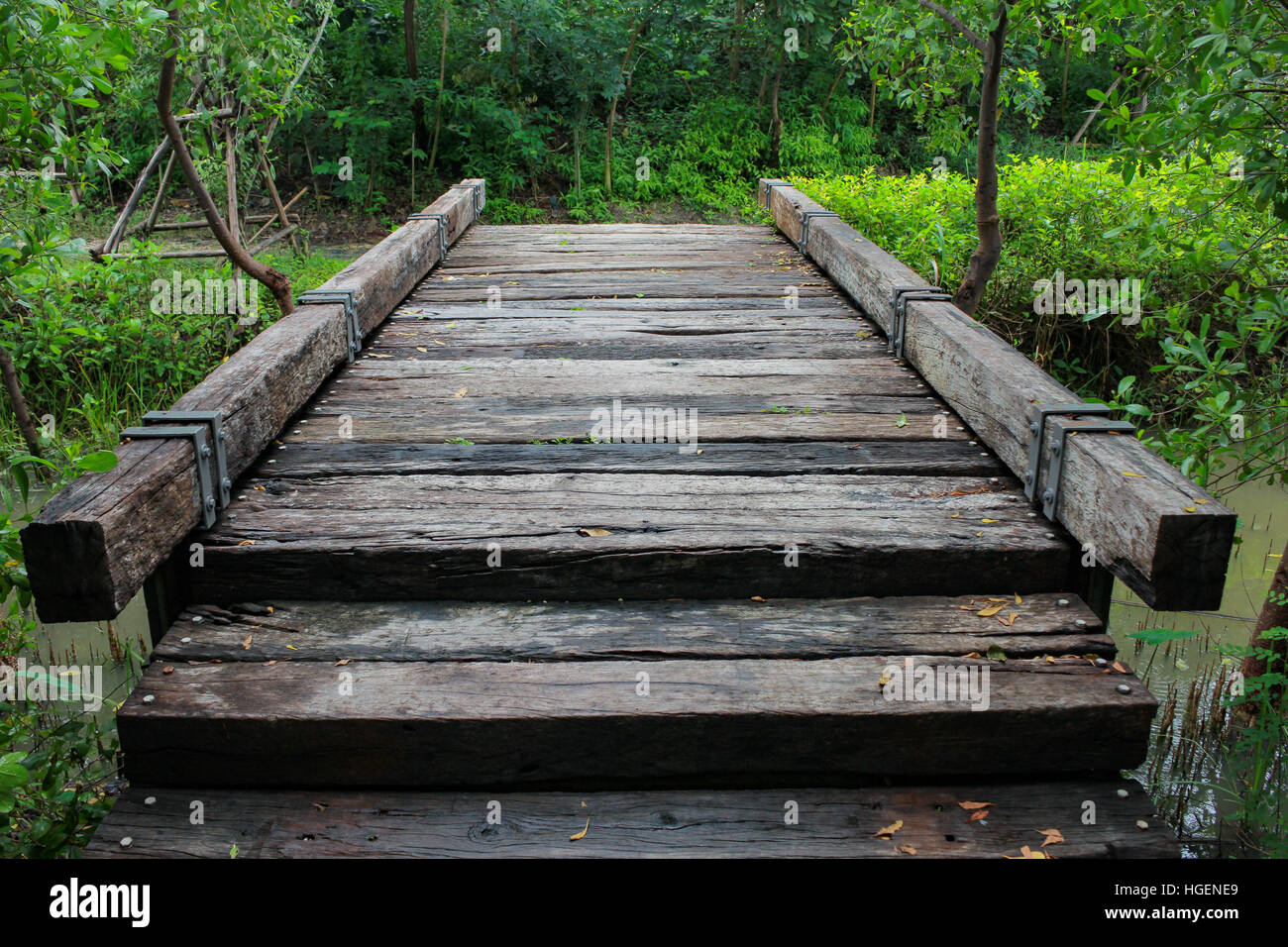 Affascinante vecchio ponte di legno su un torrente nel mezzo della foresta. Foto Stock