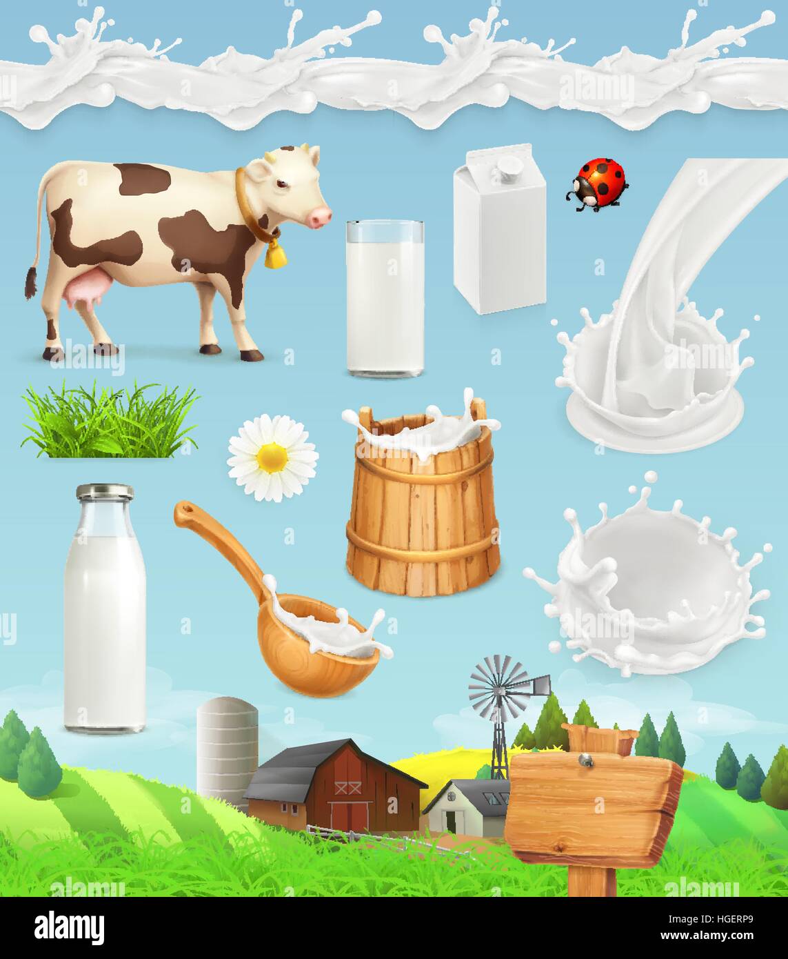 Latte e farm. Bottiglia di vetro, cucchiaio, benna. Gocce seamless pattern. Naturale prodotti lattiero-caseari. Vettore 3d imposta icona Illustrazione Vettoriale