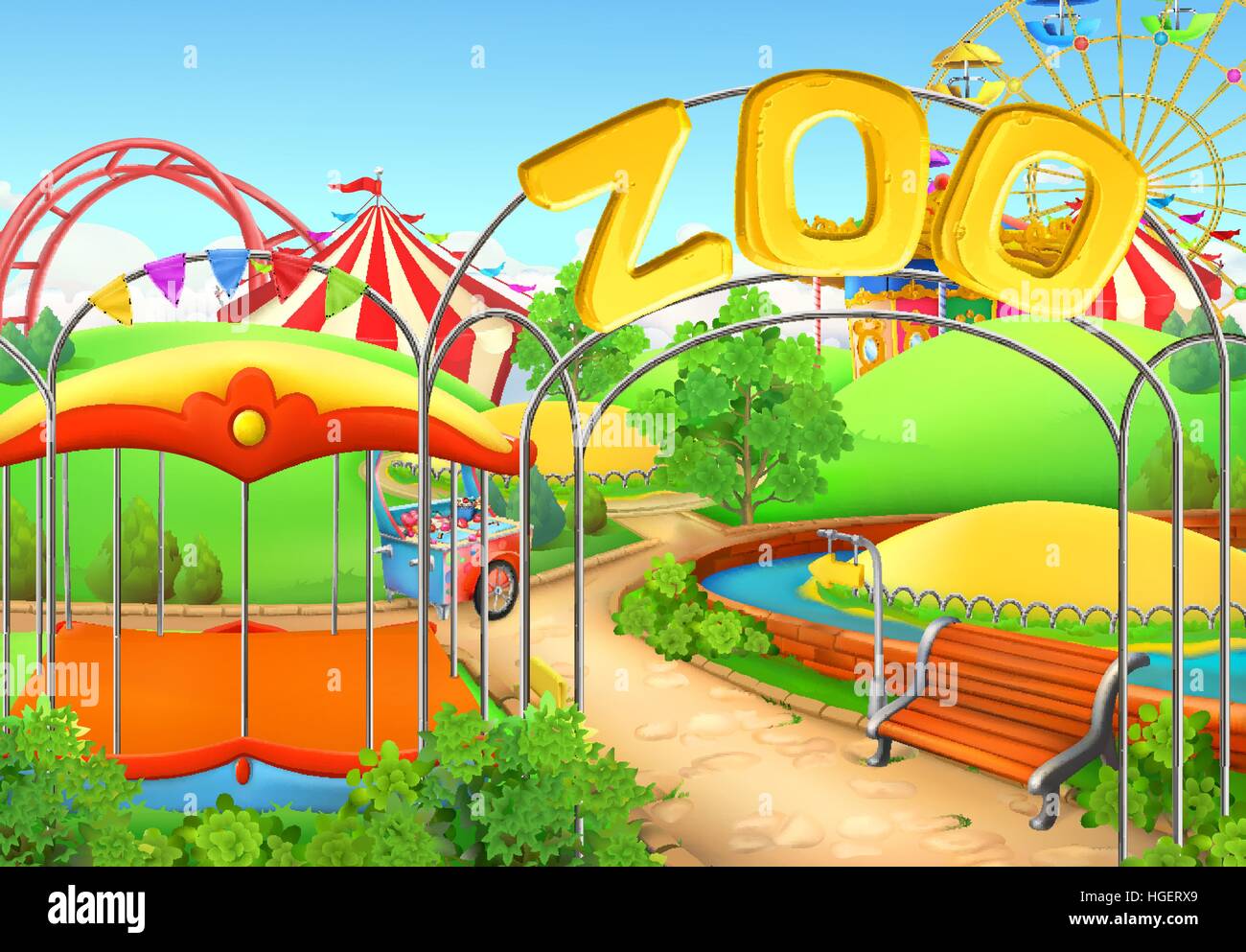 Zoo, sfondo vettoriale. Parco dei divertimenti. Il parco giochi per i bambini Illustrazione Vettoriale