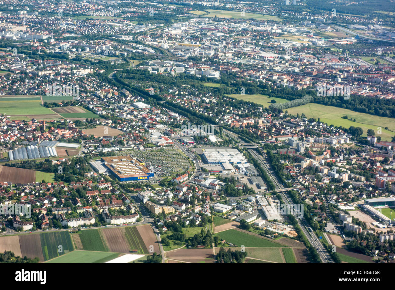 Arial vista Poppenreuth, Fürth in Baviera settentrionale, Germania, vicino all'aeroporto di Norimberga. Foto Stock