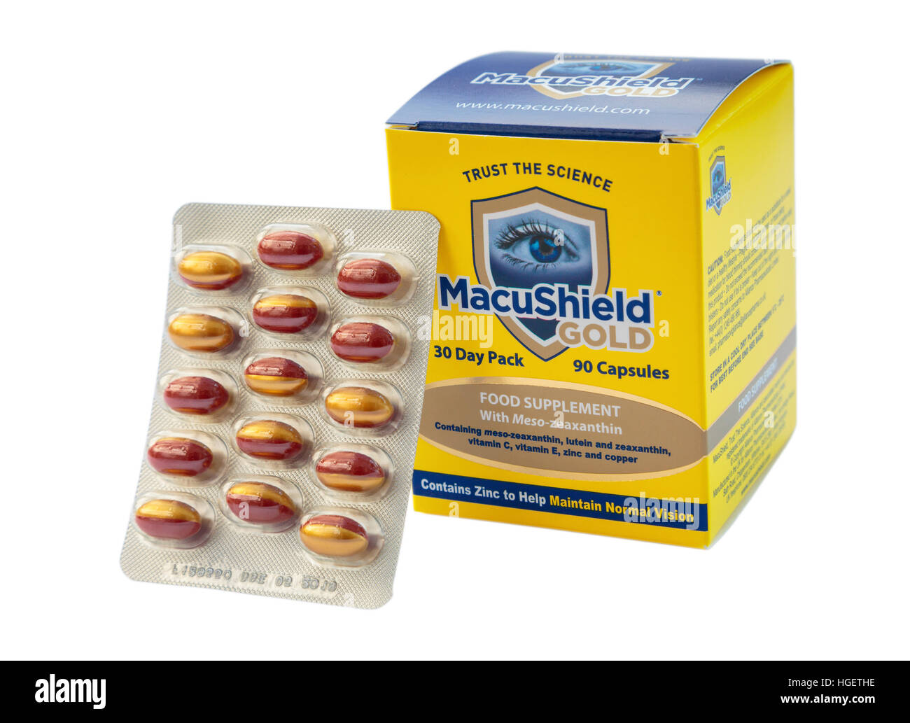 Pacchetto di MacuShield integratore alimentare compresse per la salute della retina negli occhi e prevenire la degenerazione maculare senile AMD. Inghilterra, Regno Unito Foto Stock
