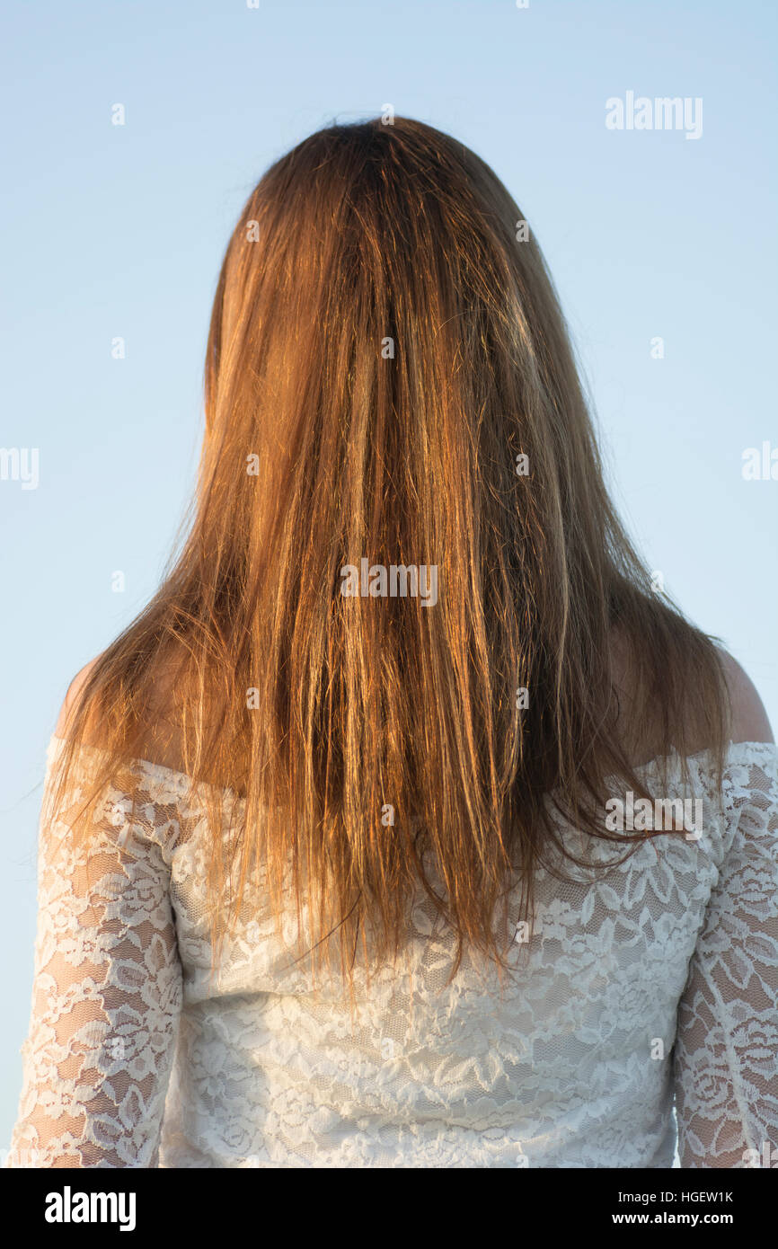 Vista posteriore di una donna con capelli castani in piedi all'aperto Foto Stock