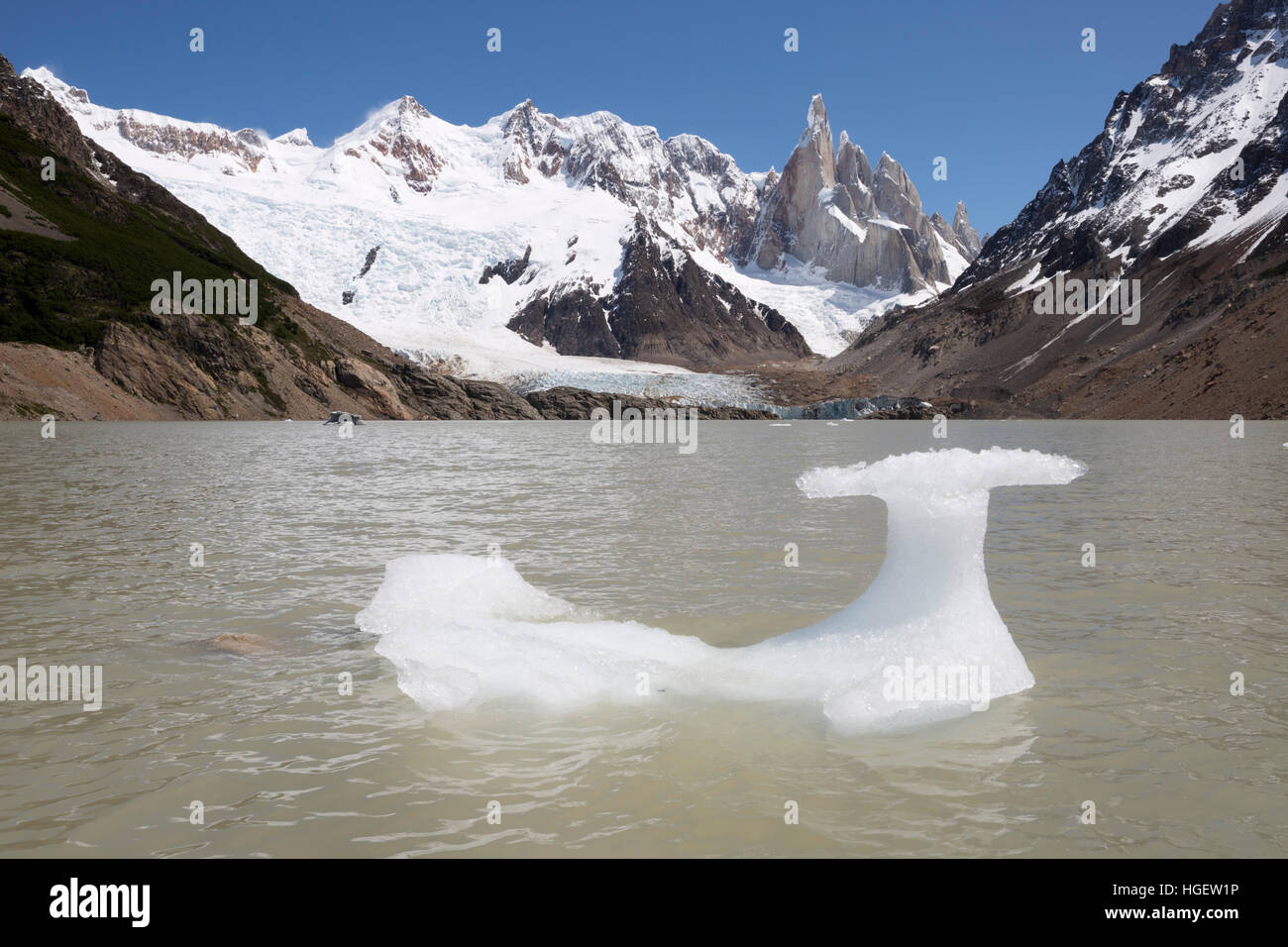 Il ghiaccio galleggiante nella Laguna Torre con vista del Cerro Torre, El Chalten, Patagonia, Argentina, Sud America Foto Stock