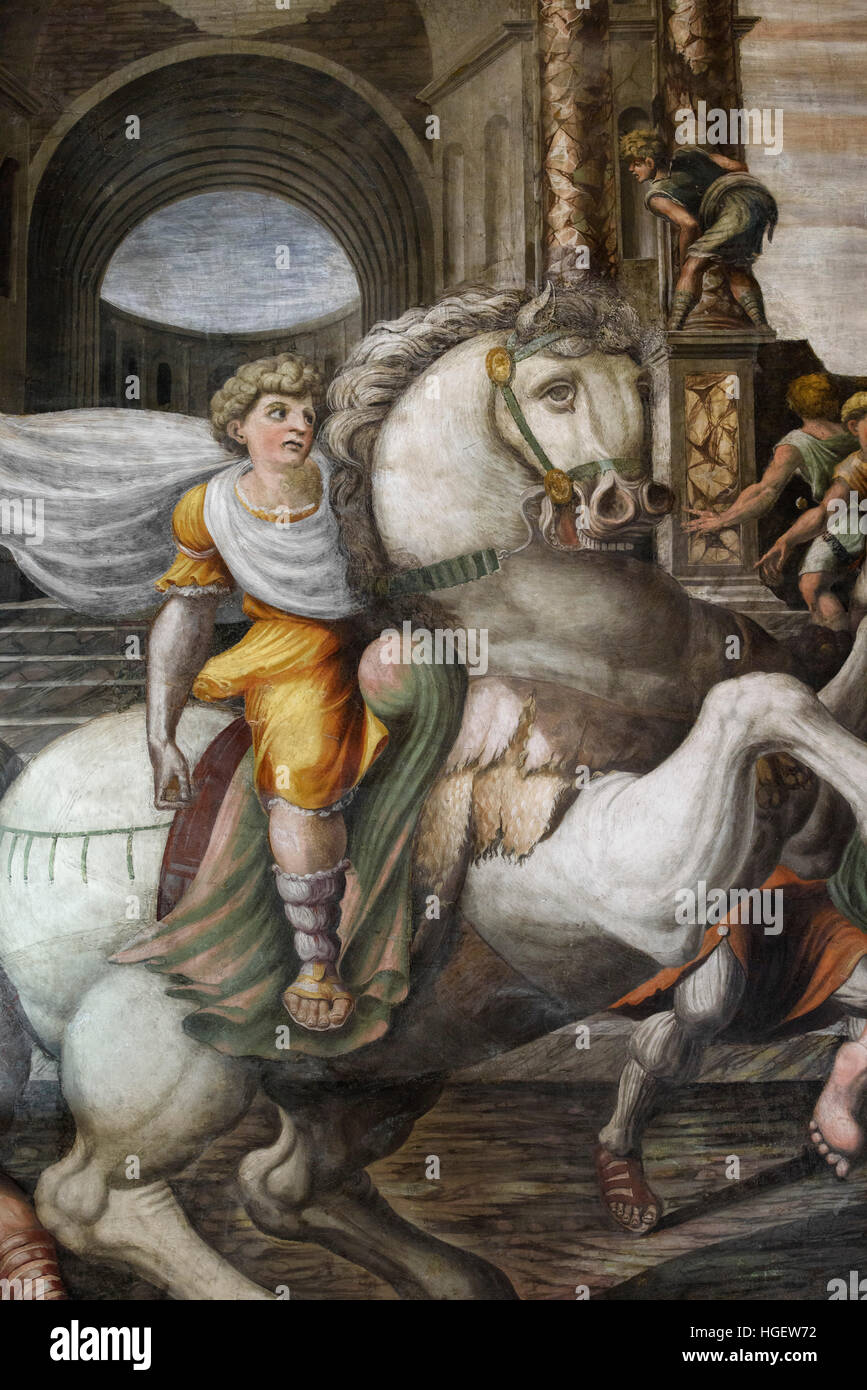 Roma. L'Italia. Villa Farnesina. Dettaglio di Alessandro il Grande (356-323 BC) sul suo stallone Bucephalus, da un affresco di un artista sconosciuto in Agostino Ch Foto Stock