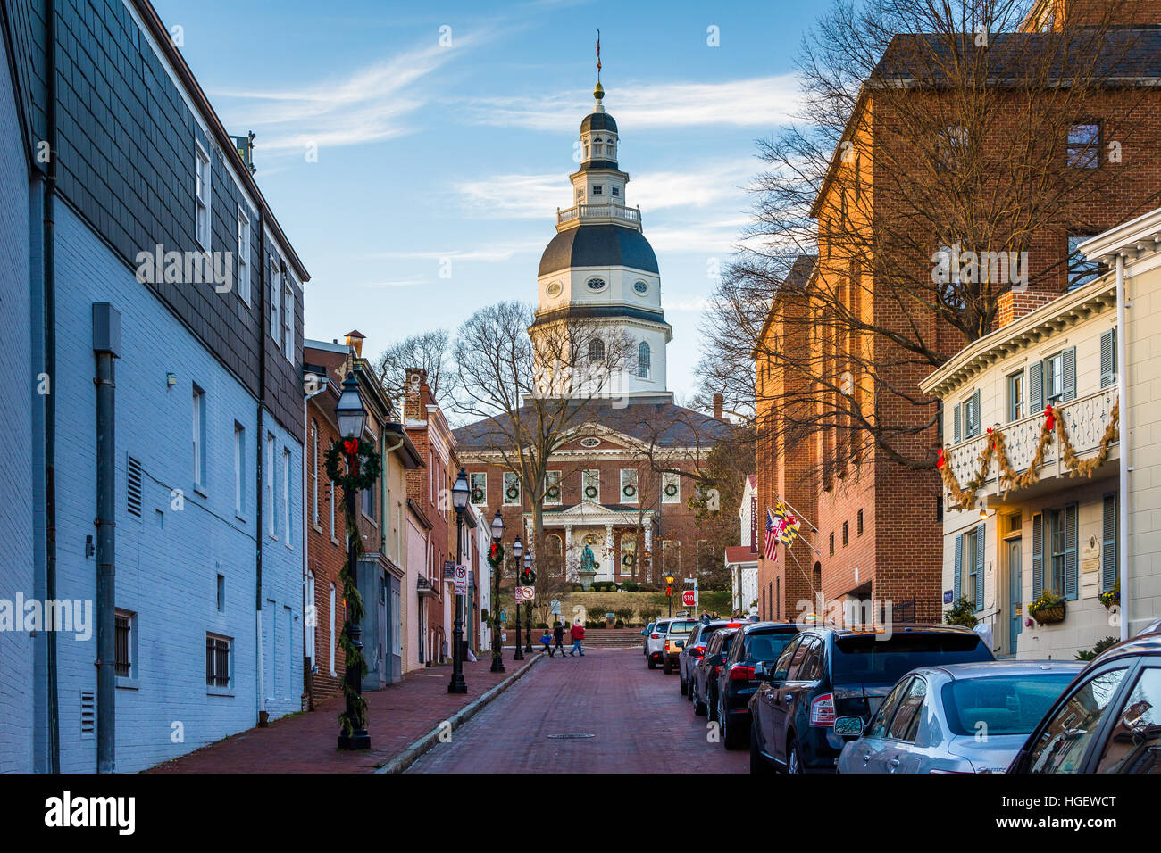 Francesco Street e il Maryland State House, in Annapolis, Maryland. Foto Stock