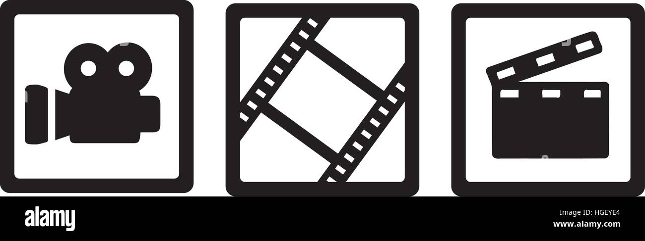 Filmato icone del cinema - fotocamera, bobina di pellicola e clapperboard Illustrazione Vettoriale