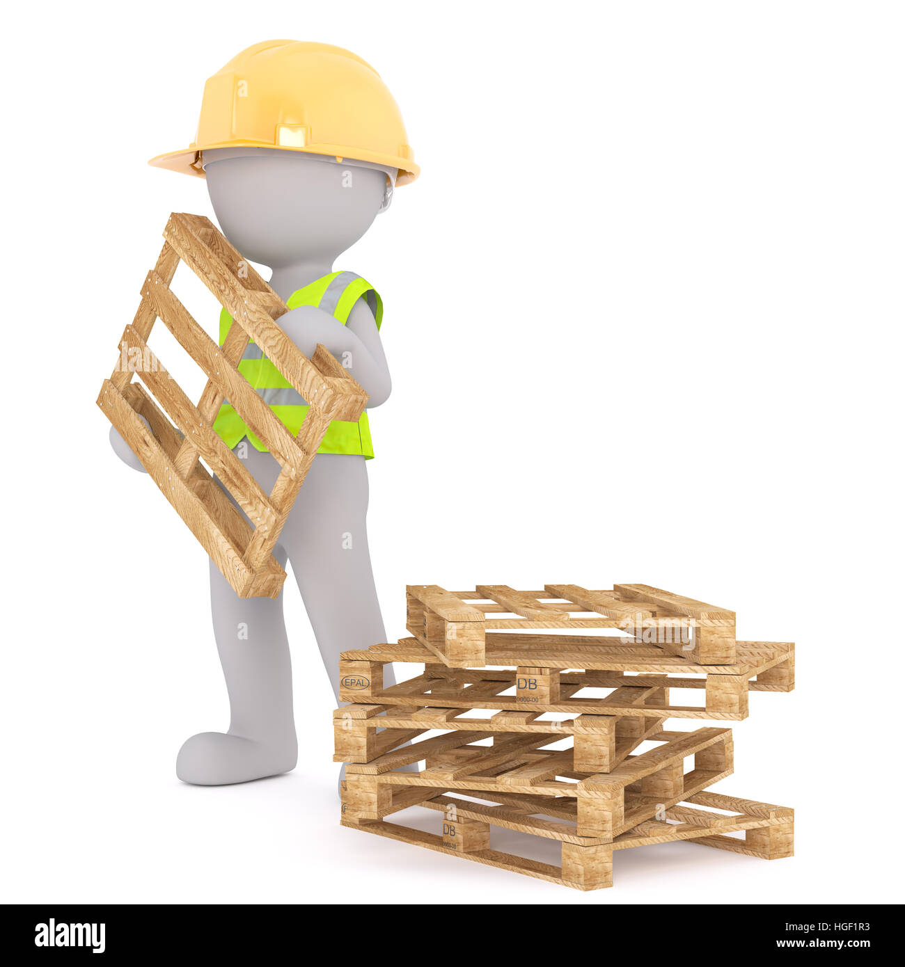 3d reso Cartoon figura vestita come operaio edile GIALLO DA INDOSSARE ELMETTO e giubbotti di sicurezza di impilamento tavolozze in legno nella parte anteriore del Blan Foto Stock