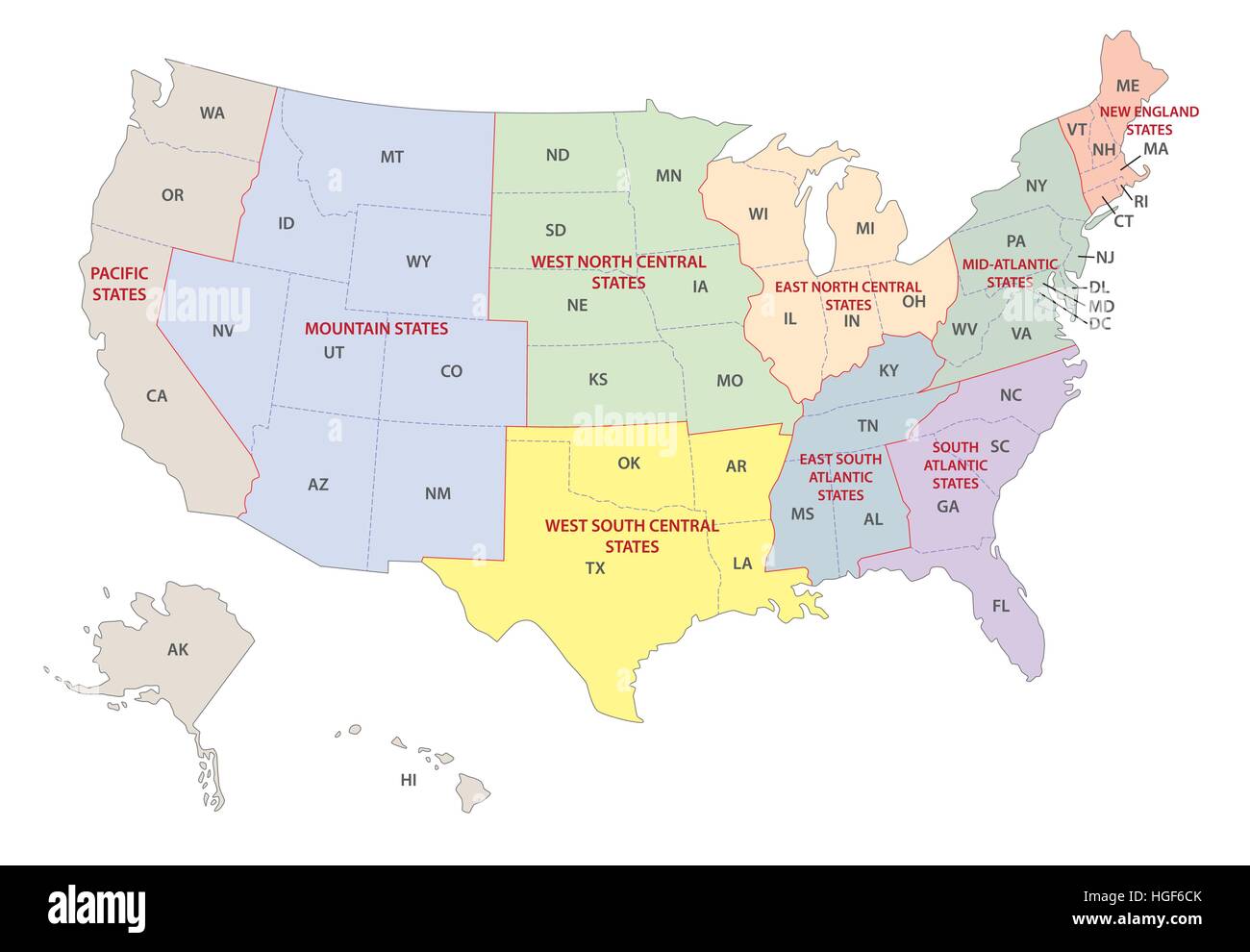 Regioni della mappa degli Stati Uniti Illustrazione Vettoriale
