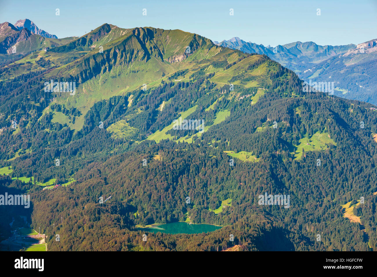 Fellhorn montagna e lago Freibergsee, Algovia, Bavaria Foto Stock