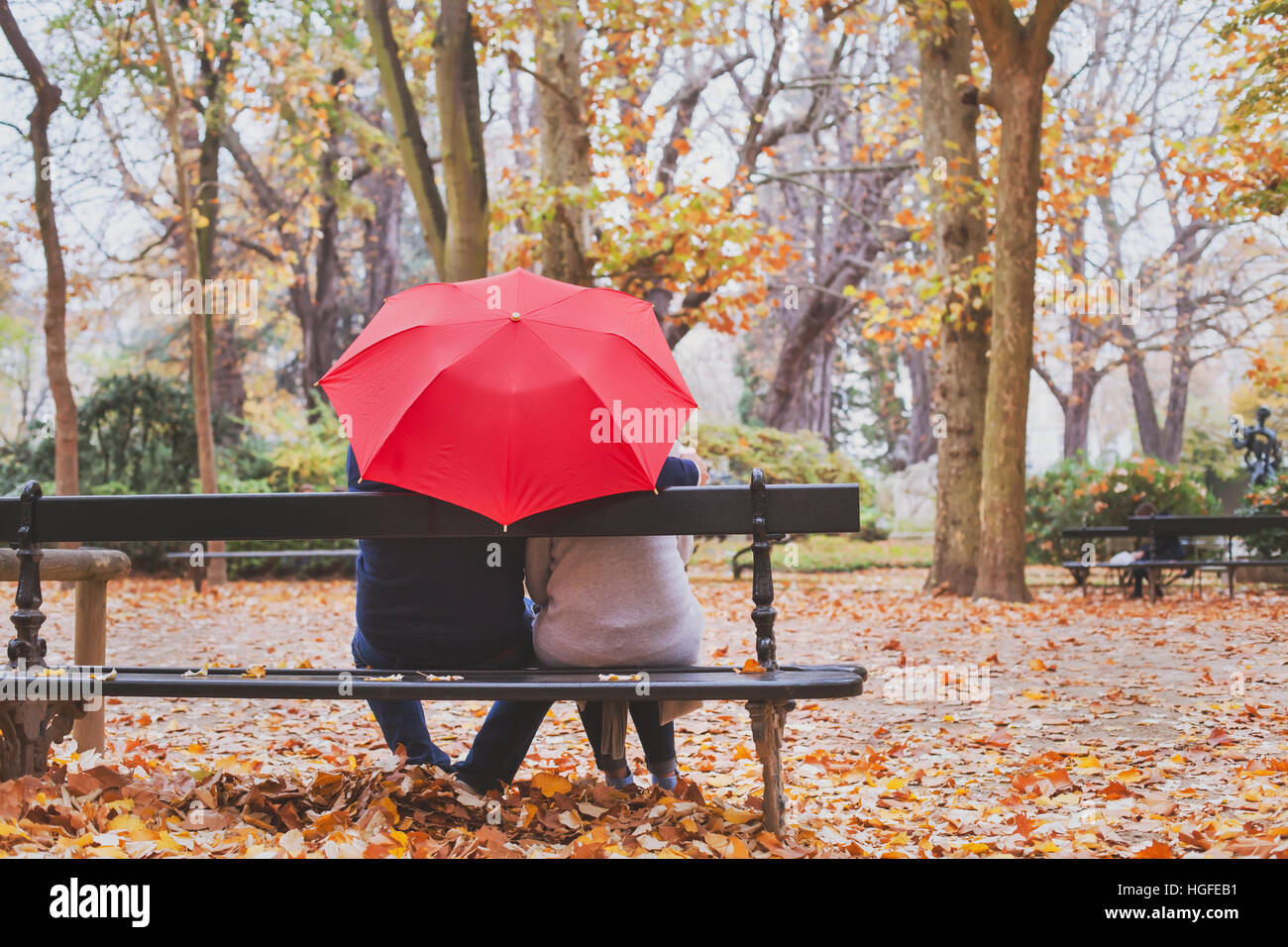 Anziani pensionati giovane seduti insieme sul banco in autunno park, il concetto di amore Foto Stock