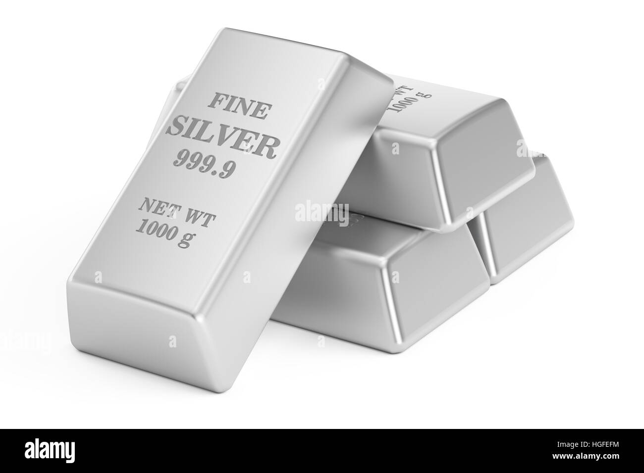 Barre di argento, rendering 3D isolati su sfondo bianco Foto Stock