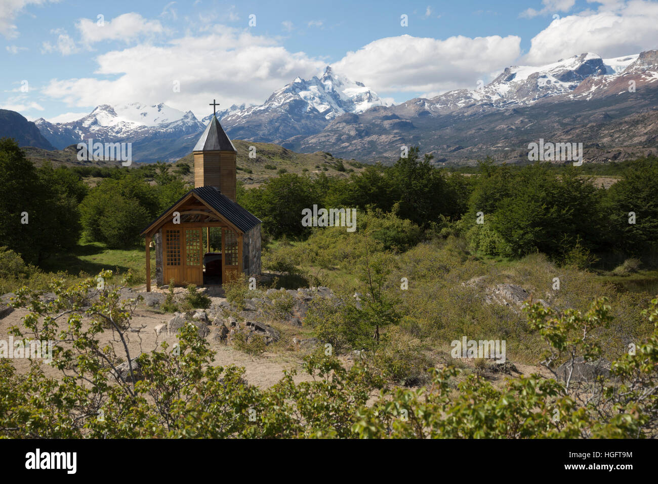 Cappella nella estancia Cristina, Lago Argentino, El Calafate, Parque Nacional Los Glaciares, Patagonia, Argentina, Sud America Foto Stock