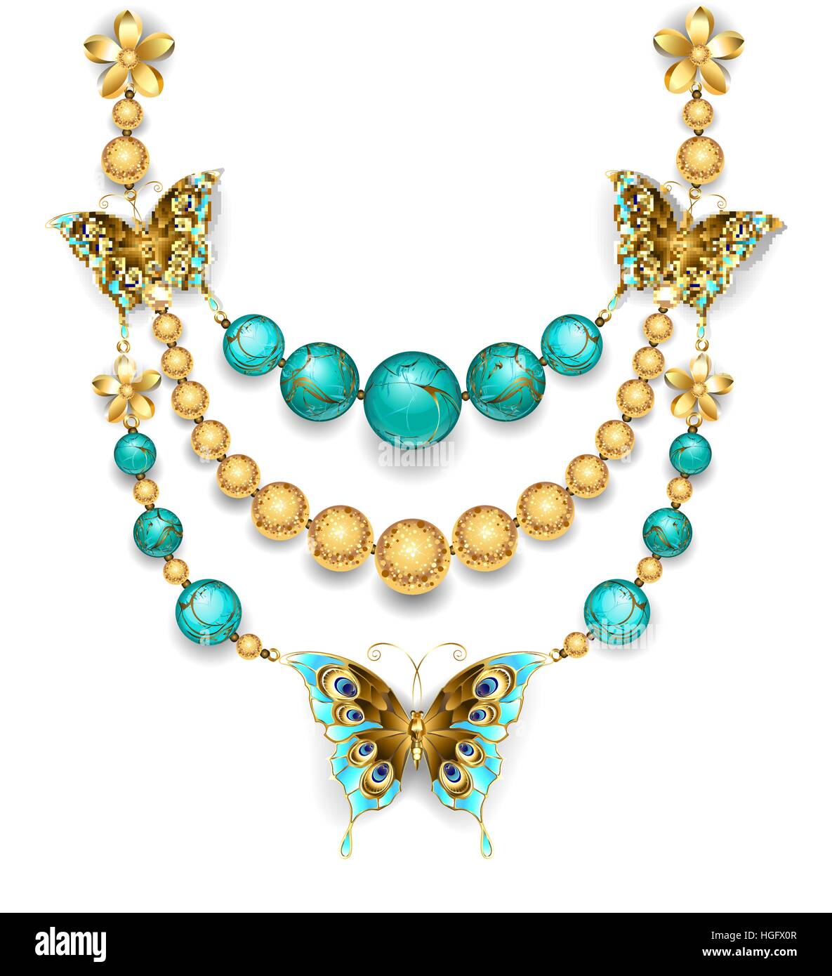 Collana di farfalle in oro, oro e perle di turchese su uno sfondo bianco. Design di Gioielli. Illustrazione Vettoriale