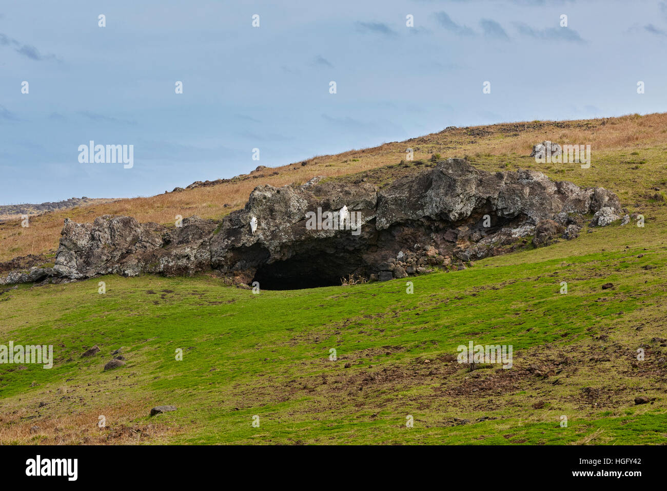Akahanga grotta, Isola di Pasqua, Cile Foto Stock