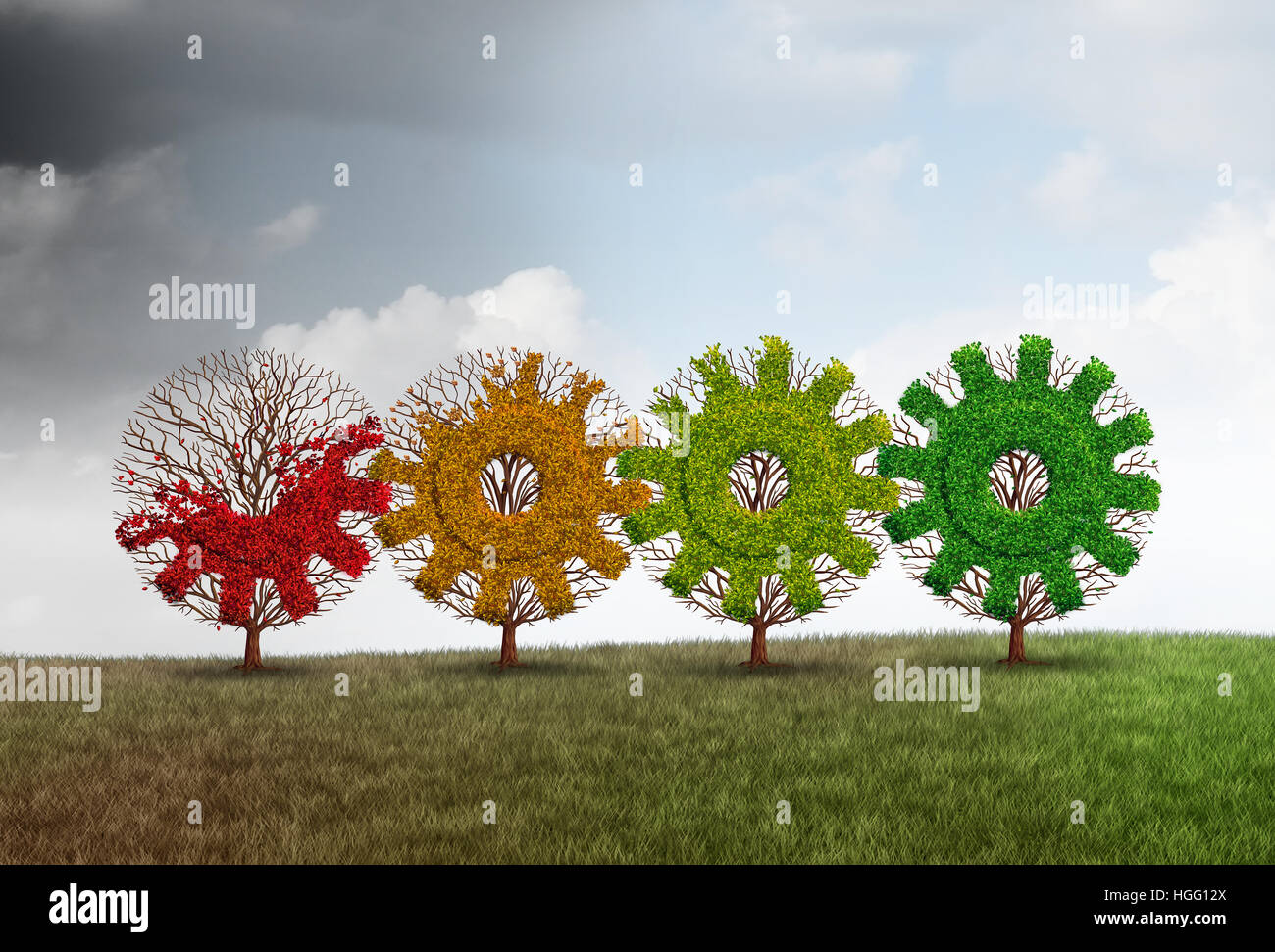 La ripresa economica concetto di crescita aziendale come metafora di un gruppo per il recupero di alberi conformata come un ingranaggio o ruota dentata come una rivitalizzazione finanziario metafora con Foto Stock