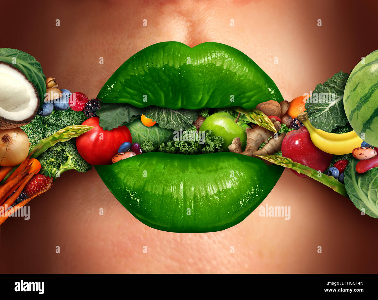 Mangiare sano concetto come verde labbra umane mordere in un gruppo di frutta e verdura come un concetto di nutrizione per la buona salute della dieta scelta alimentare in un Foto Stock
