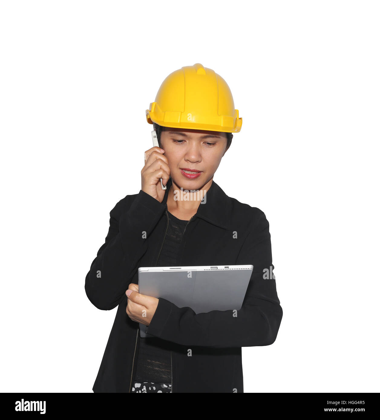 Le donne ingegneri è stato sul telefono per comunicare isolati su sfondo bianco e sono tracciati di ritaglio per una facile installazione. Foto Stock