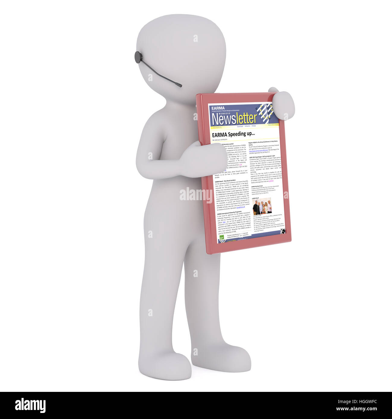 3D reso figura detiene il libro con newsletter attaccato la sua copertura contro uno sfondo bianco Foto Stock