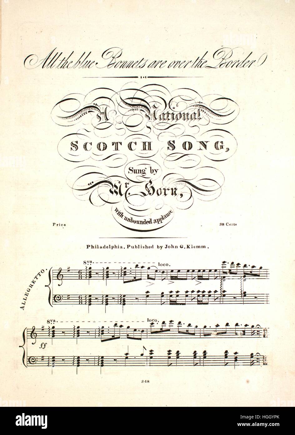 Foglio di musica immagine copertina della canzone 'Tutti i berretti blu sono oltre il confine nazionale di Scotch Song', con paternitã originale lettura delle note "na", Stati Uniti, 1900. L'editore è elencato come 'John G. Klemm', la forma della composizione è 'strofico', la strumentazione è 'pianoforte e voce", la prima riga riporta 'Marco! Marzo! Etrick e Teviot dale!", e l'illustrazione artista è elencato come 'Nessuno'. Foto Stock