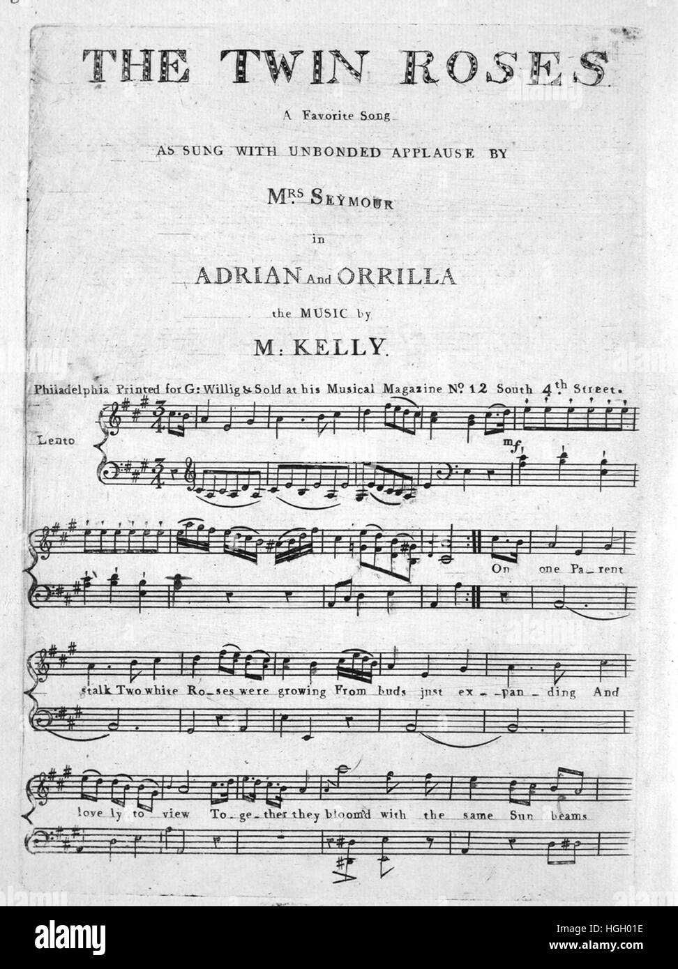 Foglio di musica immagine copertina della canzone "Twin Roses una canzone preferita", con paternitã originale lettura note 'La Musica da M Kelly', Stati Uniti, 1900. L'editore è elencato come 'G. Willig, n. 12 sud 4th Street', la forma della composizione è 'strofico', la strumentazione è 'pianoforte e voce", la prima linea recita "su una levetta genitore due rose bianche sono state crescendo dai boccioli appena espandendo', e l'illustrazione artista è elencato come 'Nessuno'. Foto Stock