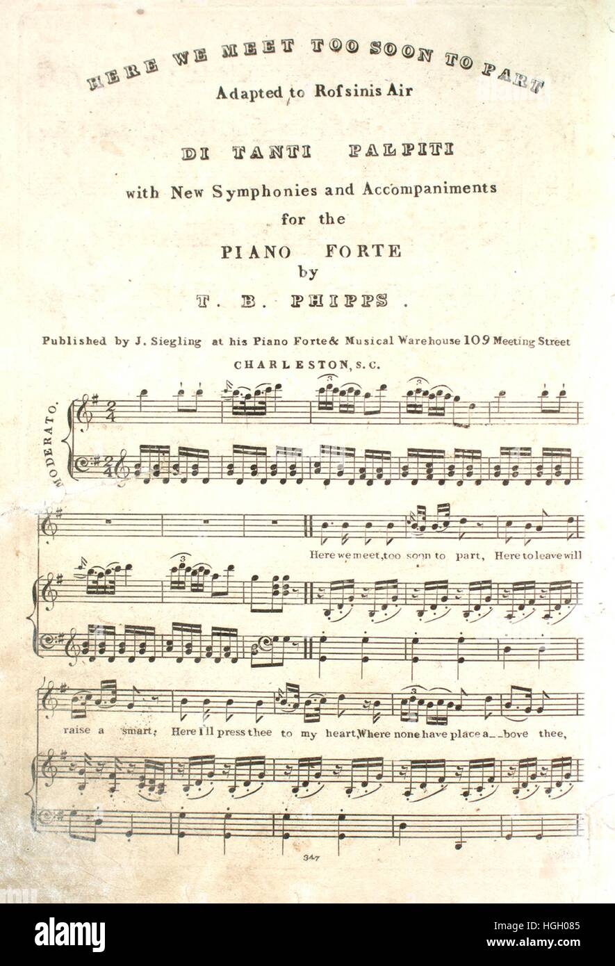 Foglio di musica immagine copertina della canzone "Qui incontriamo troppo  presto a parte", con paternitã originale lettura delle note "atta a Rossini  di aria di tanti Palpiti, con nuove Sinfonie e accompagnamento