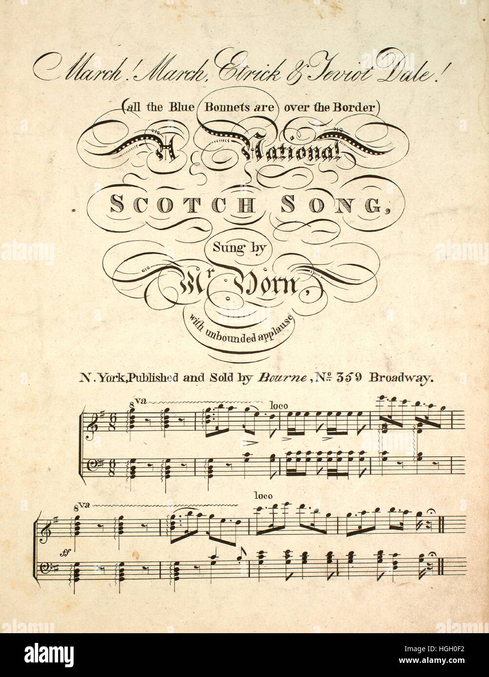 Foglio di musica immagine copertina della canzone "arch! Marzo, Etrick e Teviot Dale! (Tutti i berretti blu sono oltre il confine nazionale di Scotch Song', con paternitã originale lettura delle note "na", 1900. L'editore è elencato come 'Bourne, No. 359 Broadway', la forma della composizione è 'strofico', la strumentazione è 'pianoforte e voce", la prima riga riporta 'Marco! Marzo! Etrick e Teviot dale!", e l'illustrazione artista è elencato come 'Nessuno'. Foto Stock