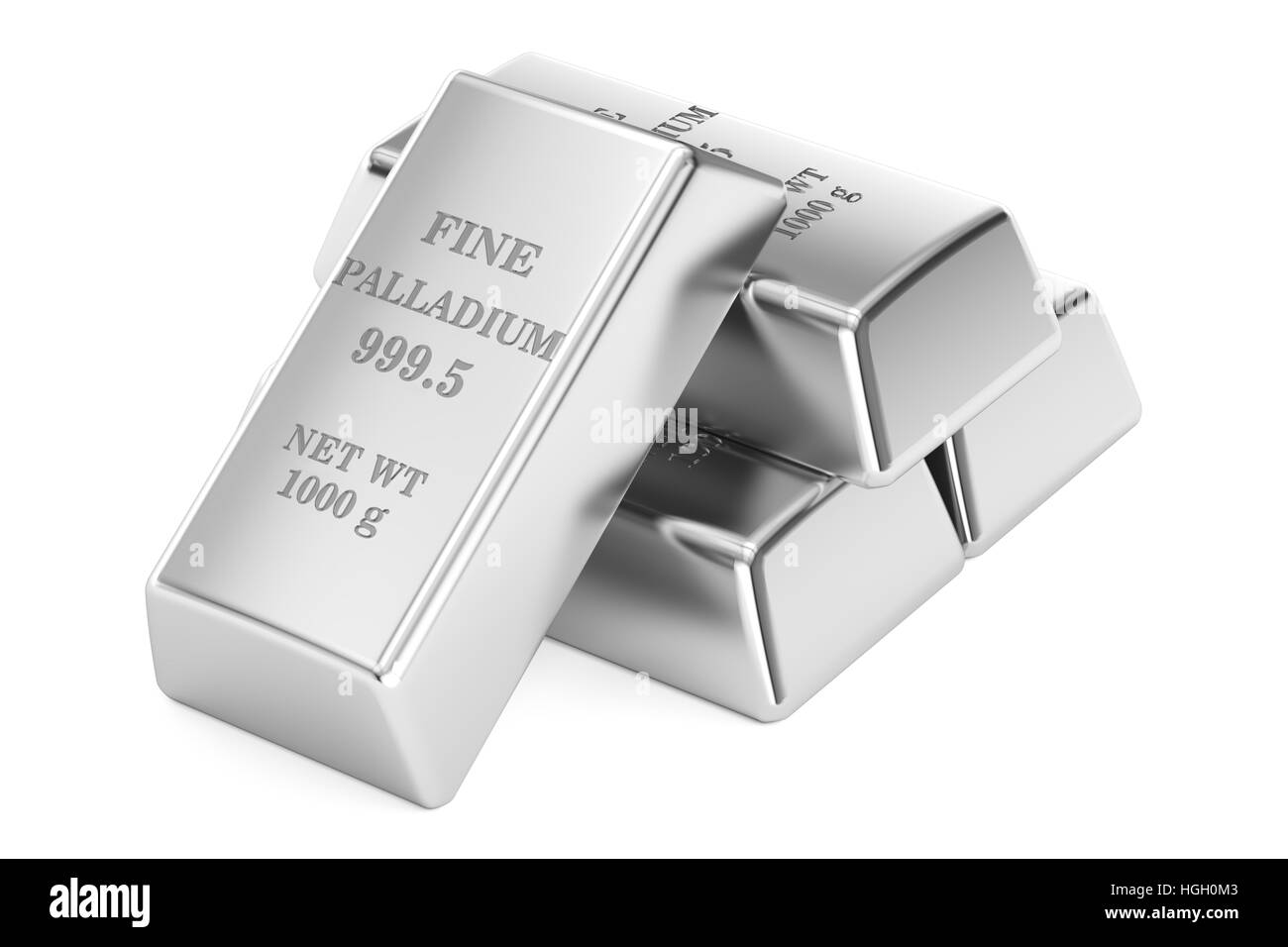 Set di lingotti di palladio, rendering 3D isolati su sfondo bianco Foto Stock