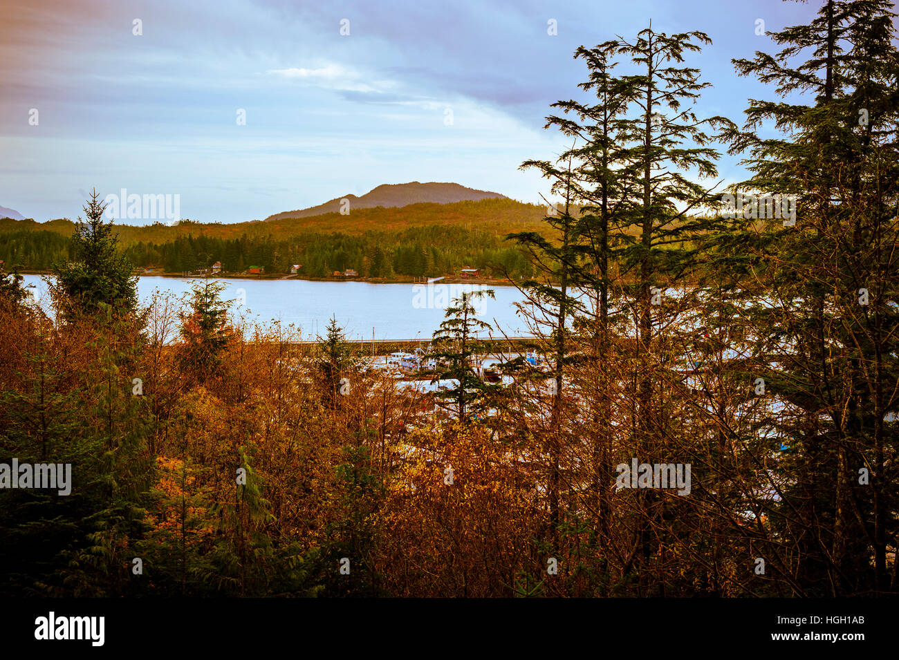 La vista del porto dalla Cape Fox Lodge a Ketchikan, Alaska, Stati Uniti d'America. Foto Stock