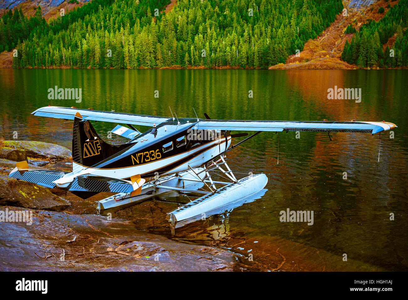 De Havilland Beaver spiaggiata sul lago Manzoni, Tongass National Forest, Alaska, Stati Uniti d'America. Foto Stock