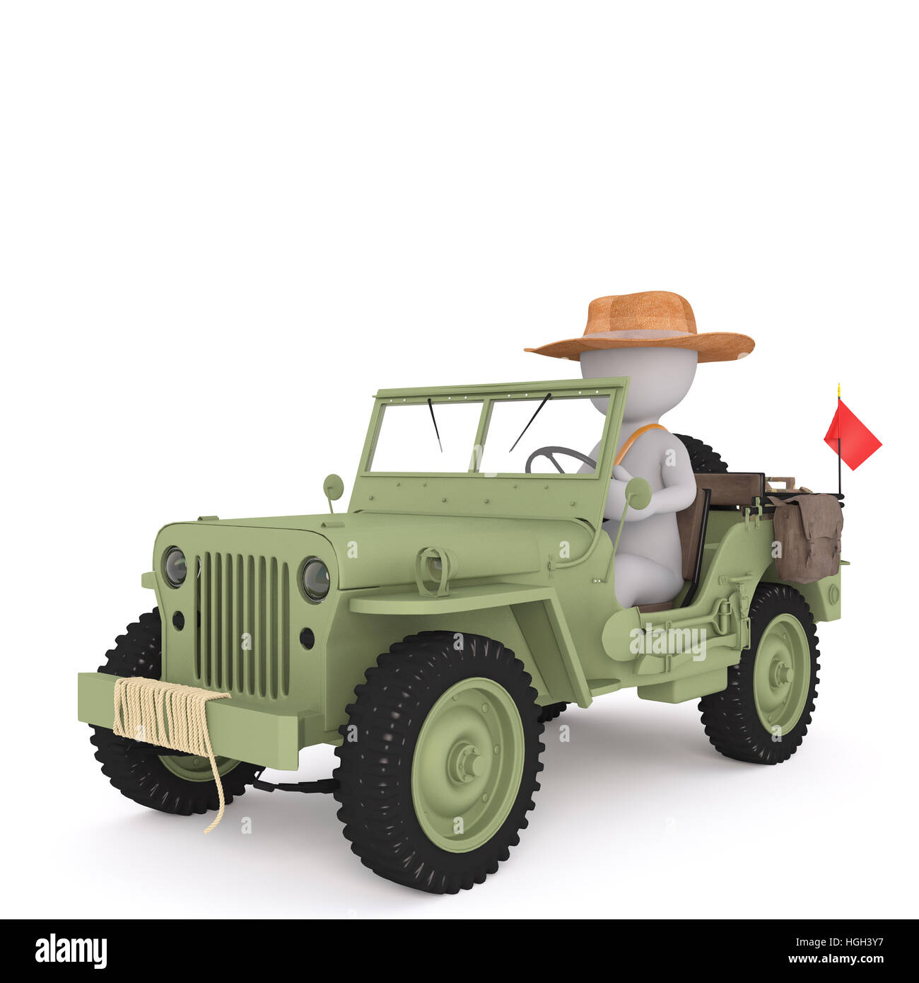 Retrò off-road safari veicolo azionato dal volto cartoon uomo nel cappello di paglia, 3D render isolato su bianco Foto Stock