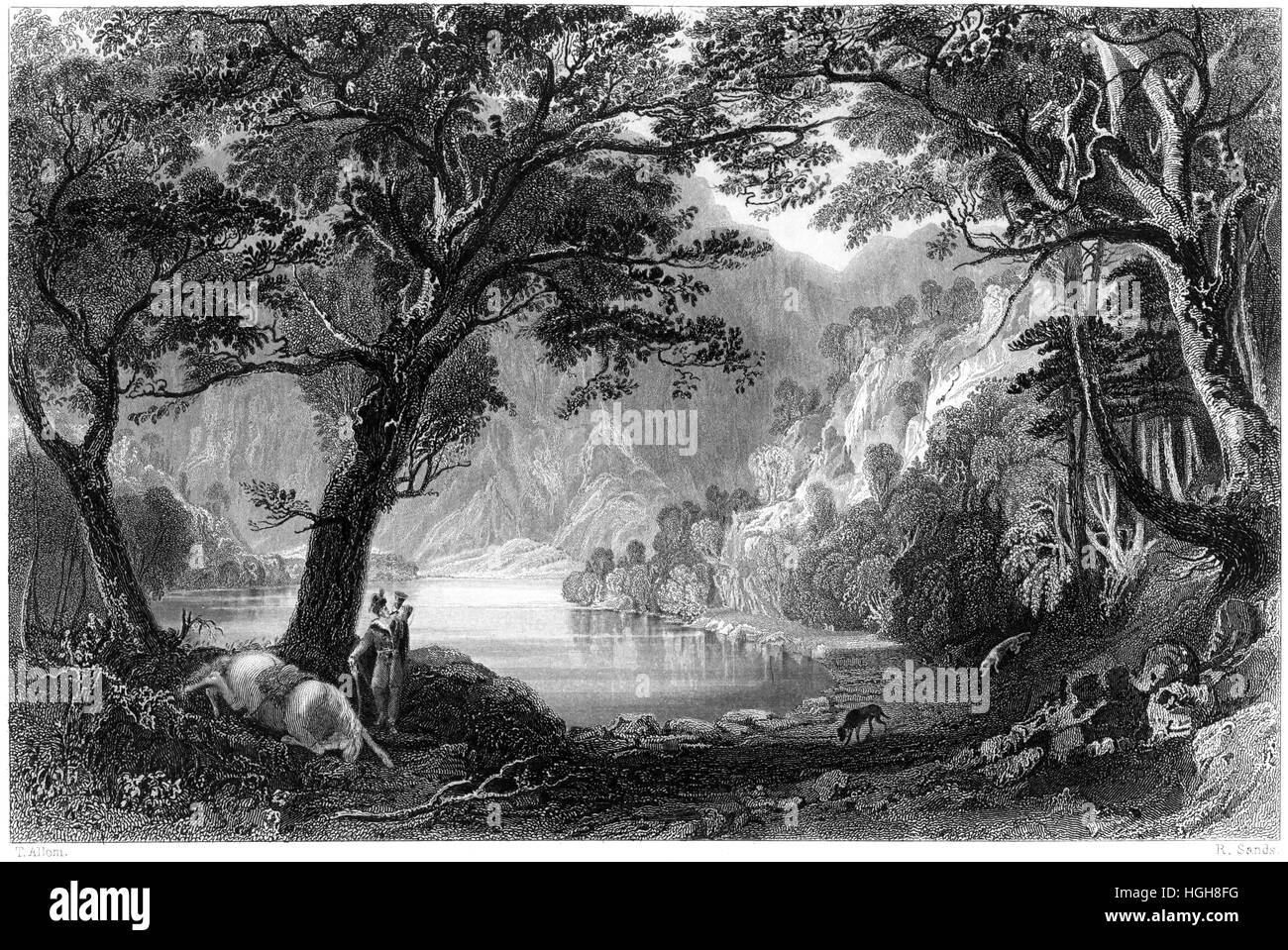 Una incisione di Loch Katrine, Perthshire scansionati ad alta risoluzione da un libro stampato nel 1859. Ritiene copyright free. Foto Stock