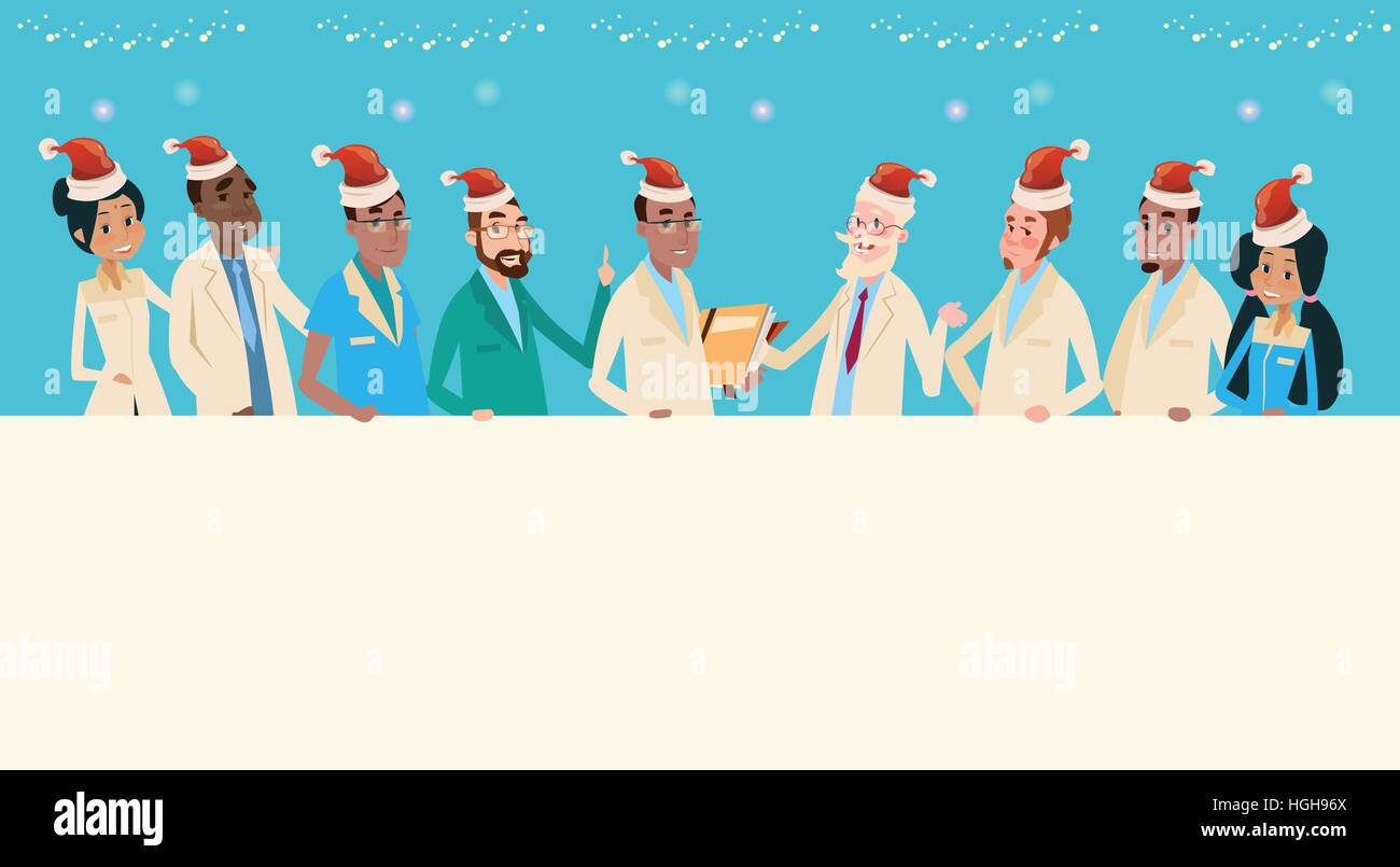 Il gruppo di medici mediale usura del Team Santa Claus Hat Buon Natale e Felice Anno Nuovo Banner Illustrazione Vettoriale