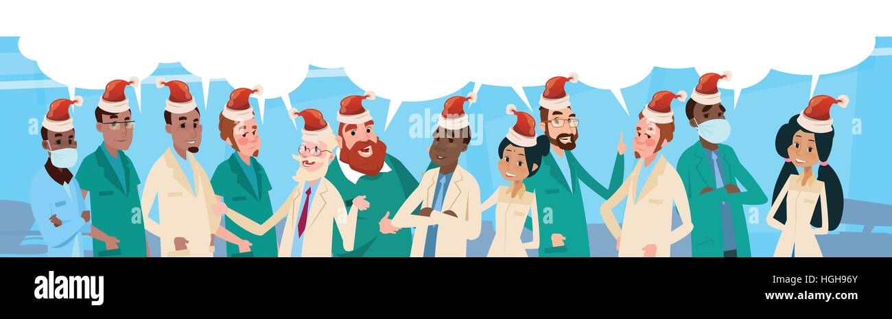 Gruppo mediale del team di medici con casella di Chat usura Santa Claus Hat Buon Natale e Felice Anno Nuovo Banner Illustrazione Vettoriale