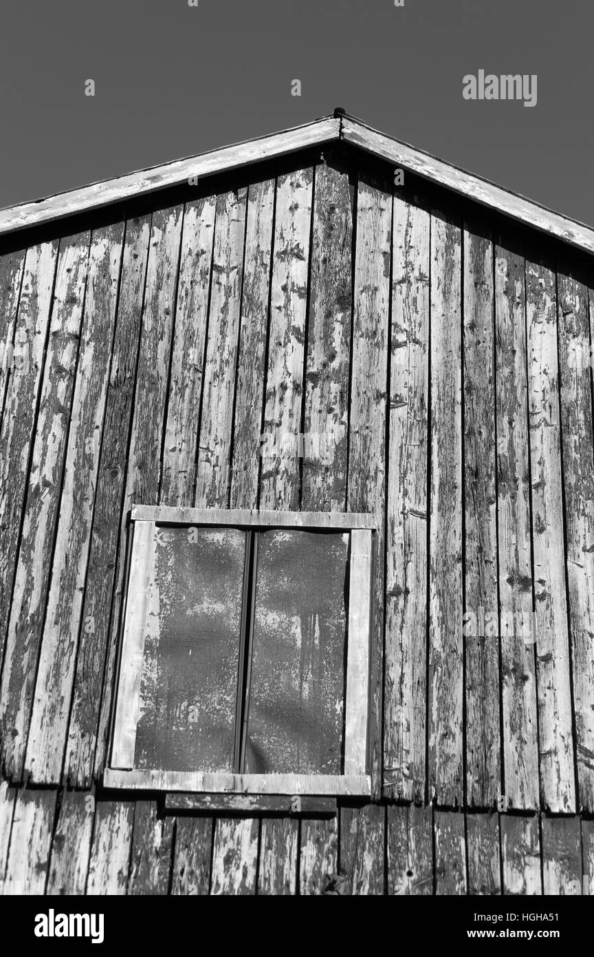 Un abstract closeup tradizionale di un vecchio fienile di Ontario, che era nero ed è alterato e le schede illuminato dal sole. Foto Stock