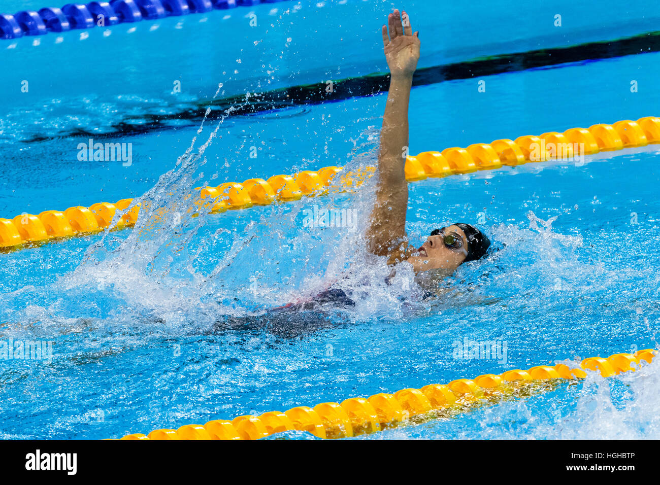 Rio de Janeiro, Brasile. 11 agosto 2016. Missy Franklin (USA) a competere in donne 200m dorso semi finale al 2016 Olimpiadi estive. ©P Foto Stock