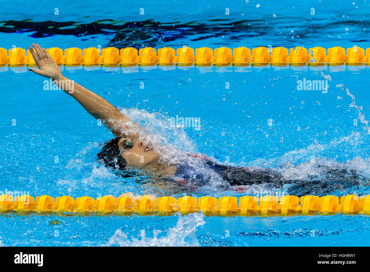Rio de Janeiro, Brasile. 11 agosto 2016. Missy Franklin (USA) a competere in donne 200m dorso semi finale al 2016 Olimpiadi estive. ©P Foto Stock