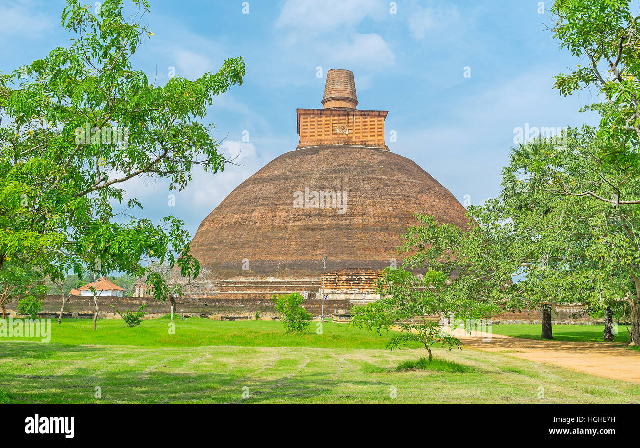 L'enorme Jetavana Stupa è il centro di struttura architettonica in Vihara, il giardino intorno è il posto migliore per rilassarsi e riposare in ombra, Anuradha Foto Stock