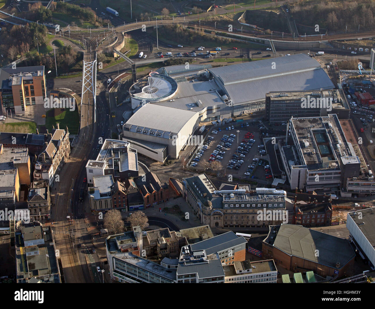 Vista aerea di Ponds Forge International Sports Centre & piscina, Sheffield, Regno Unito Foto Stock