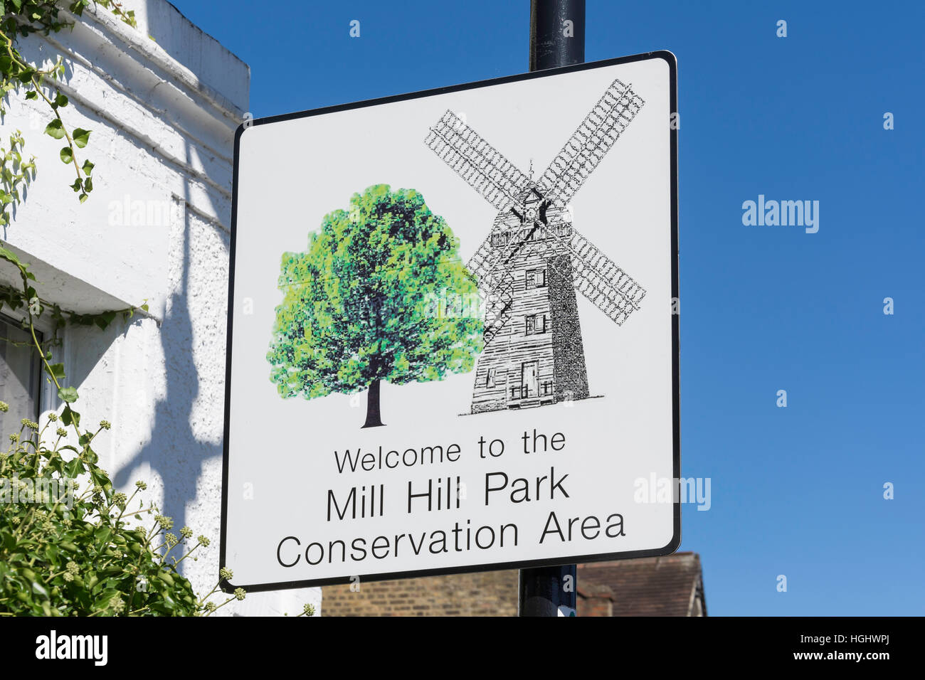 Mill Hill Conservation Area segno, Gunnersbury Lane, Acton, London Borough of Ealing, Greater London, England, Regno Unito Foto Stock