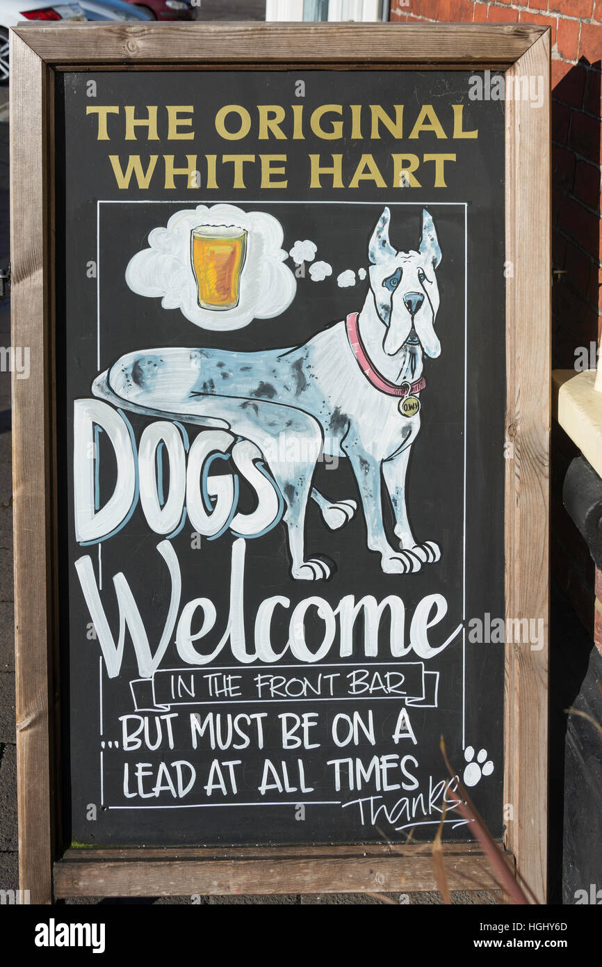Cani segno di benvenuto al di fuori del xviii secolo l'originale White Hart Hotel, luogo di mercato, Ringwood, Hampshire, Inghilterra, Regno Unito Foto Stock