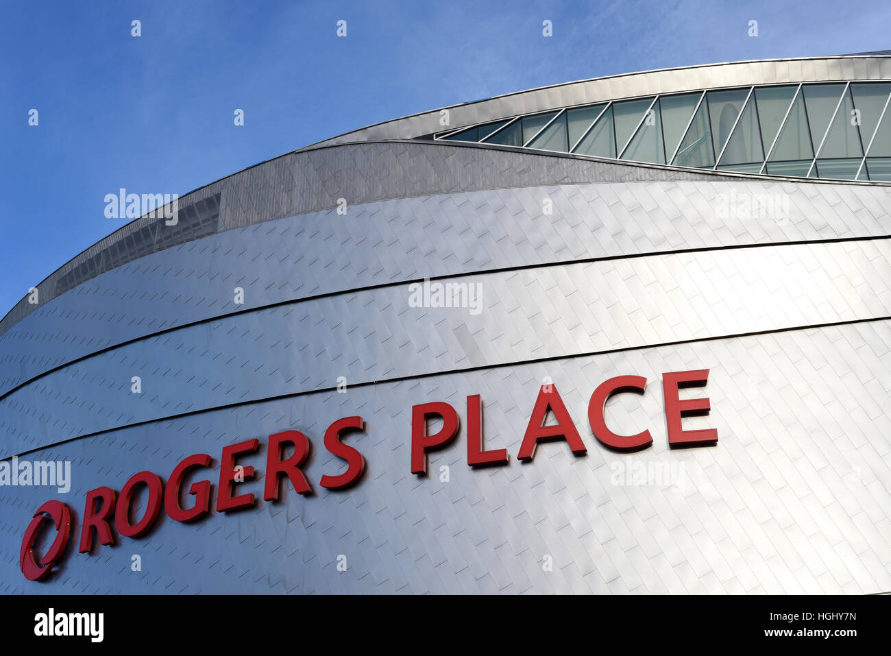 Esterno del Rogers Place arena complesso nel centro di Edmonton, Alberta, Canada. Foto Stock