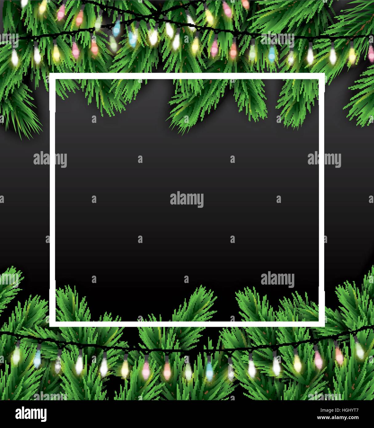 Scheda di Natale con rami di abete, Neon Garland e cornice bianca. Illustrazione Vettoriale. Illustrazione Vettoriale