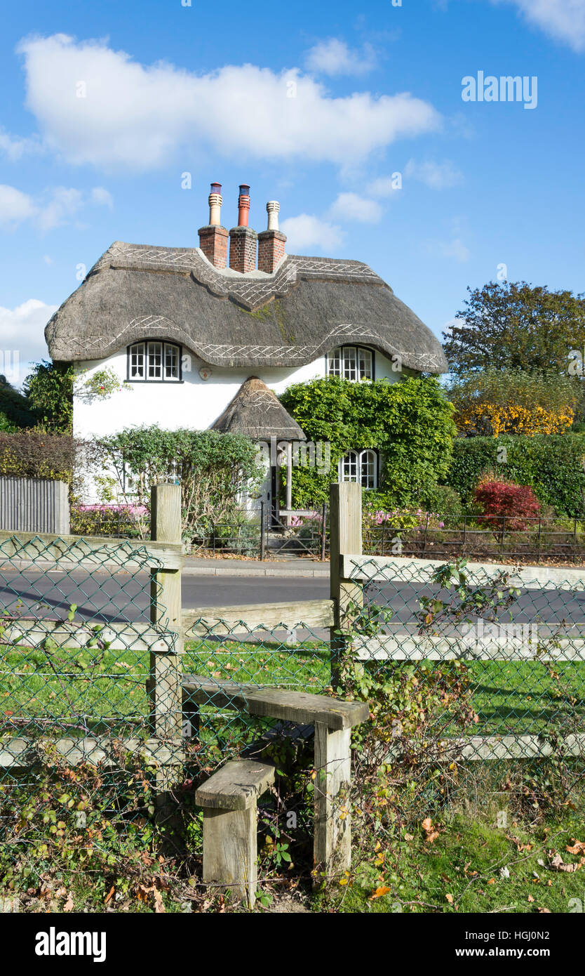 Cottage con il tetto di paglia al Swan verde, Lyndhurst, Hampshire, Inghilterra, Regno Unito Foto Stock