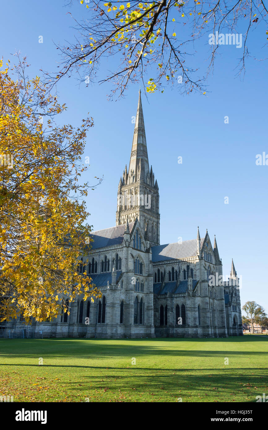 Sul lato est della Cattedrale di Salisbury su inizio autunno mattina, Cattedrale vicino, Salisbury, Wiltshire, Inghilterra, Regno Unito Foto Stock