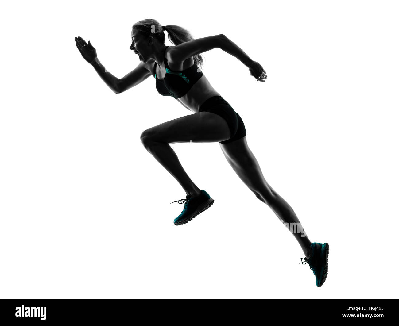 Una donna caucasica runner acceso del jogging jogging in studio silhouette isolati su sfondo bianco Foto Stock